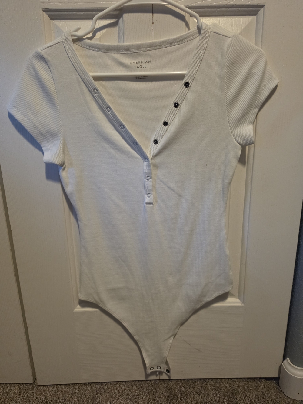 American Eagle Outfitters White Ribbed Short-Sleeve Henley Bodysuit